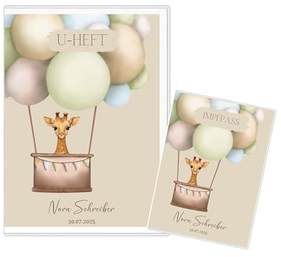 U-Heft- und Impfpass Hüllen Set personalisiert, Untersuchungsheft mit Name und Geburtsdatum, viele Tiermotive, Geschenk zur Geburt, Taufe, Schutz UHeft und Impfpass (Giraffe)