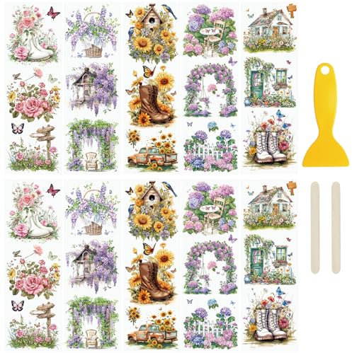 WANDIC 10 Bogen Rub on Transfer Stickers, Vintage Blumen Möbel Aufkleber Junk Journal Zubehör Set, Wasserdicht, Handarbeiten, DIY Kunsthandwerk, Dekor für Fotoalbum und Scrapbook, 10 x 30 cm