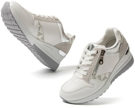 JOMIX Donna Low Top Casual Walking Platform Sneakers Eleganti Scarpe Sportive Leggere Slip on Moda Scarpe da Corsa Confortevoli MD9796-2 (Bianco, 38)