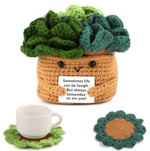 lasura Positive Flower Pot, Coasters Crochet Flower Mini Cute Crochet Flower Pot Emotional Support Plant Potato Crochet with 6 Knitted Coasters for Party Decoration Encouraging Motivational Gifts