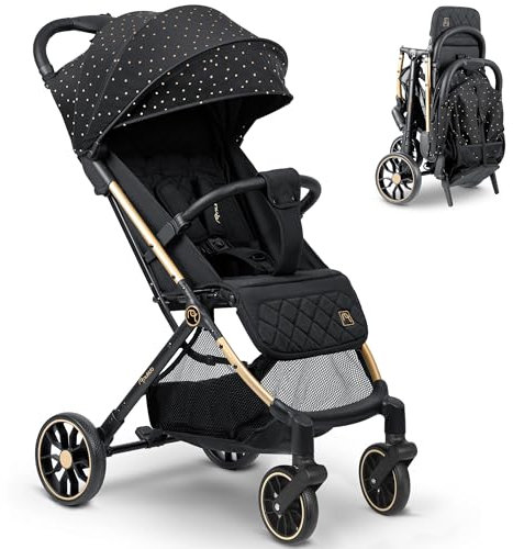Nukido Kinder Wagen Kinderwagen Babywagen Bis 15 kg Große Räder Sitzbuggy Buggy Zusammenklappbar Handgepäck Leicht Verstellbare Rückenlehne Schwarz Gold