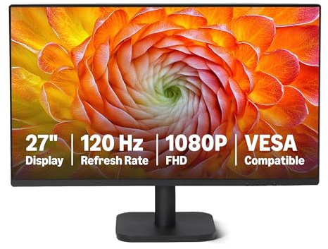 Amazon Basics 27-inch Computer Monitor, 120Hz, FHD 1080P, HDMI, DP, VGA, VESA Compatible, Black, for Office and Home
