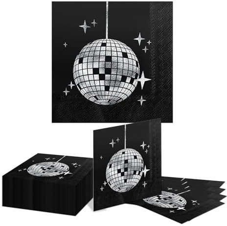 Kotkiddy 40 Stück Disko Party Cocktail Servietten, modisch, Einmalig, 70er 80er 90er Party Artikel, Disko Cocktail Servietten (Schwarz)