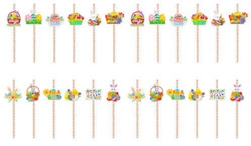 24pcs Easters Themed Drinking Straw Decorative Stripe Beverage Paper Straw for Gatherings Wedding Party Supplies