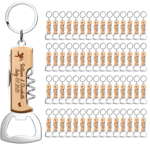 60 pièces Ouvre-bouteille Multifonction en Bois Personnalisé, Cadeaux d'Invites Gravés pour Mariage, Anniversaire ou Fête – Porte-clés Ouvre-bouteille