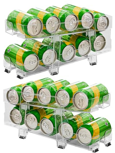 Can Rack, Double Can Organizer, Transparent Adjustable Width Rolling Basket with Stackable Drink Rack for Fridge, Garage and