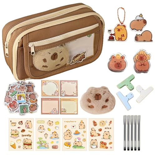 Capybara Pencil Case, Cartoon Stationery Pouch, Large Capacity Storage, Multi Item Organizer Bag, Pen Holder for Students, School Supplies, Desk Accessories, Bonus, Stickers, Sticky Notes Add Ons