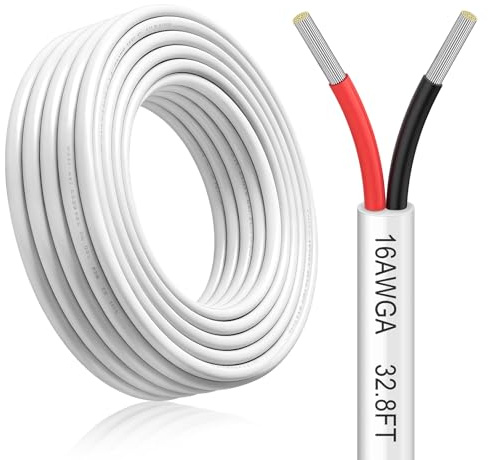 16 AWG 2-Core Electrical Wire, 2 × 1.3 mm², 10 m / 32.8 ft White PVC Twin Cable, 300 V-Rated Flexible Tinned Copper Extension Wire for 5 V, 12 V and 24 V LED Strips and Automotive Wiring