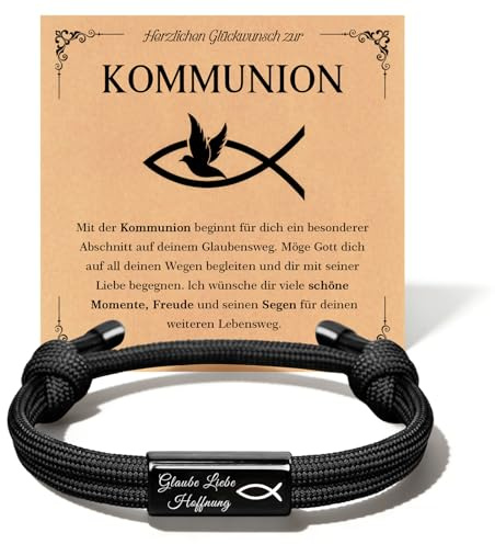 Kommunion Geschenk Fisch Surfer Armband für Jungs, Lasergravur Segeltau Armbänder mit Edelstahl Charme, Christliche Motivation Taufgeschenke für Kinder Konfirmation Erstkommunion