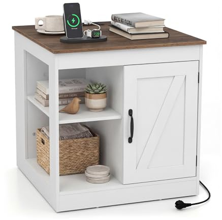 GYMAX Nachttisch mit Ladestation, Beistelltisch mit verstellbarem Regal, Fächern & Schrank, Sofatisch, Nachtschrank, Nachtkommode für Wohnzimmer, Schlafzimme (Weiß)