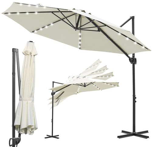 ISOISL Ombrellone parasole 300 cm 3 m, girevole a 360°, con manovella, inclinabile 0-60°, UV50+, 8 costole, asta 48 mm, con base a croce, opzionale con LED solare, terrazza giardino, Beige con LED