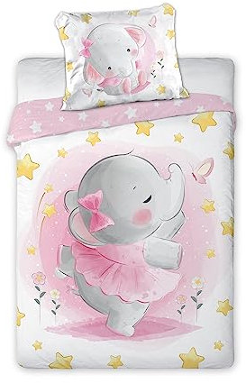 Arle-Living 3 TLG. Kinder Baby Bettwäsche Set - Elefant Ballerina - 100x135 cm + 40x60 cm + 1 Spannbettlaken 70x140 cm - 100% Baumwolle