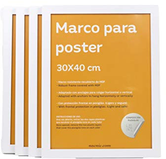 Nacnic - Pack 4 Marcos de Madera MDF Blanco y Vidrio Acrílico | Protección y Expositor de Fotografías, Láminas, Pósters, Cuadros y Decoración para Salón, Dormitorio u Oficina | 30x40 cm