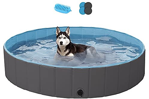 Yaheetech PVC Foldable Pet Dog Paddling Pool Puppy Swimming Pool Portable Dog Pool Extra Large Bathing Tub with Brush for Indoor Outdoor 140 x 30cm Black
