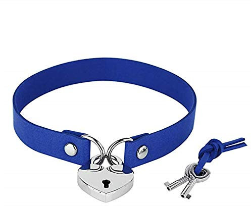 Padlock Choker Collar Necklace Lover Heart Padlock Charms Leather Choker Necklaces Punk Gothic Lock Key Lolita Collar Openable Heart Lock Key Necklaces Goth Jewelry Valentines Couple Gifts blue