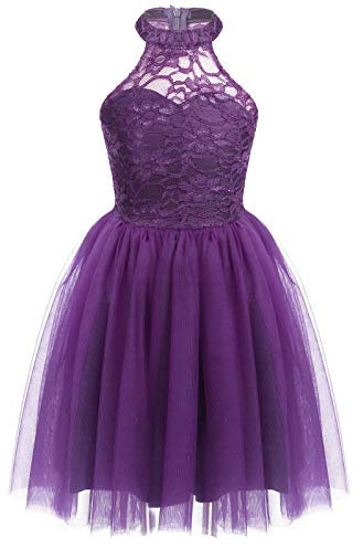 Freebily Vestito da Cerimonia Elegante Bambina Pizzo Floreale Tutu Vestito da Principessa Abito da Sposa Matrimonio Abito da Festa in Tulle Nuziale Festa di Compleanno Viola 10 Anni