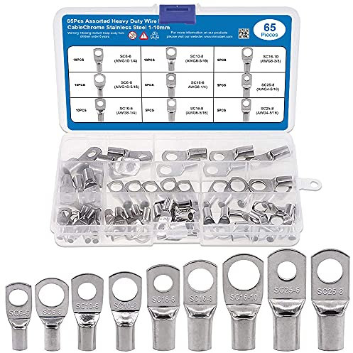 MMOBIEL 65-teiliges Kabelschuhset, Batterie-Kabelschuhe, hochbelastbare Drahtösen (AWG), Bolzenloch, verzinntes Kupfer, Steckverbinder-Set, Ringschuhe, SC-Klemmen, Marinegüte, Kaltgepresst, Krimptyp