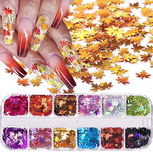Fall Maple Leaf Nail Art Glitter - 12 Colors 3D Flake Shaped Gold Red Yellow Autumn Nail Design Makeup DIY Thanksgiving Nails Supply