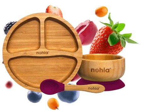nohla ® - Bamboo Baby & Toddler Suction Plate, Bowl & Silicone Spoon Weaning Set - Suction Ring for Secure Grip on Smooth Surfaces - Eco-Friendly, BPA-Free - Cherry