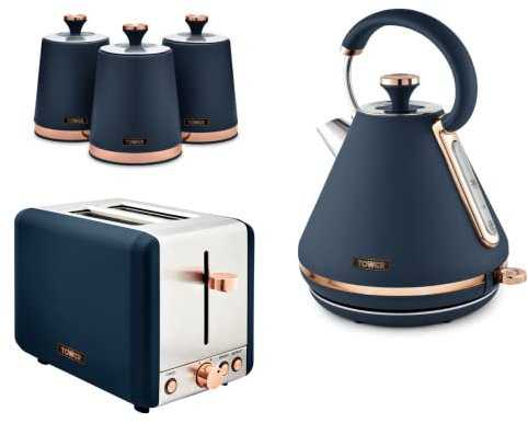 Tower Cavaletto 1.7L 3 KW Pyramid Kettle, 2 Slice 850W Toaster and Set of 3 Tea, Coffee & Sugar Canisters. Contemporary Matching Kitchen Set of 5 Items in Midnight Blue & Rose Gold