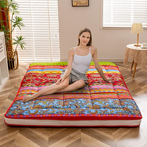 MAXYOYO Böhmische Retro-Bodenmatratze, Vintage-Blumenmuster, japanische Futon-Matratze, aufrollbar, verdicken, Schlafbett, tragbar, Camping-Matratze, Bodenliege (Dick-Bohemian C, 150 x 200 cm)