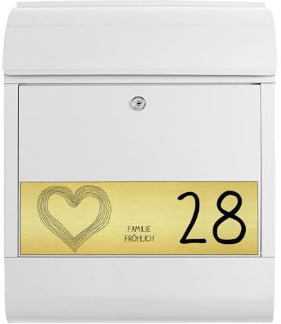 banjado® Briefkasten personalisiert mit graviertem Namensschild in Gold/Briefkasten weiß 39x47x14cm / Briefkasten mit Hausnummer, Namen & Motiv Herzbordüre/Briefkasten mit Zeitungsfach
