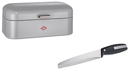 Wesco Set aus 1x Grandy Brotkasten in der Farbe Grau aus hochwertigem Stahlblech pulverbeschichtet und 1x Brotmesser mit Edelstahlklinge im Wellenschliff