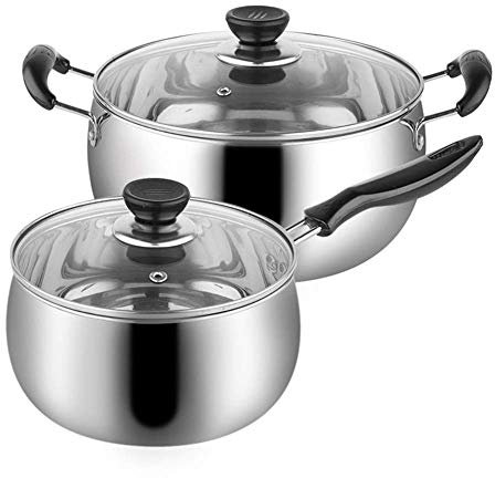WIQUYBML 2-teiliges Topfset, Kochgeschirr-Set, mit Deckel aus gehärtetem Glas, komfortabler Griff, Suppentopf aus Edelstahl, geeignet für Gas-Induktionsherd, leicht zu reinigende Tiefe Pfanne