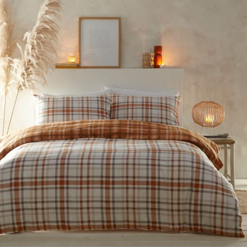 Portfolio Tartan Reversable Luxury Brushed Cotton Bedding 100% Flannelette Duvet Set With Pillowcases Checkered Super Soft Easy Care Iron Machine Washable (Orange, Single), (MTARD)