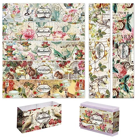 PH PandaHall 90 Stück Blumenwickelband 9 Stile Vintage High Tea Wrap-Papierband Vertikale Seifenpapier-Tag-Hüllen Für Handgefertigte Seife Lotion Bar Bad Geschenkverpackung 8.2x1.9 cm