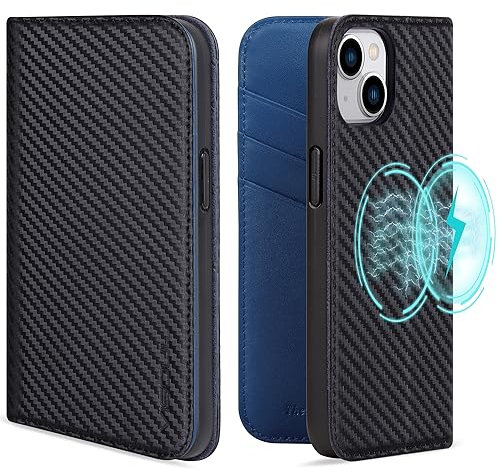 VISOUL Hülle für iPhone 15,Carbon und Nappa Leder Schutzhülle Schützt vor Stoß Kartenfach Magnetverschluss Stand Klapphüllen handyhülle Handytasche Etui Case Blau T