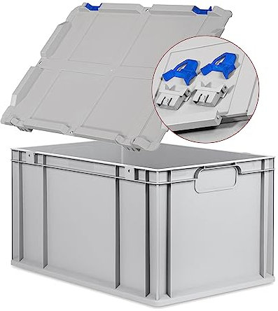Eurobox NextGen Economy, Griffe geschlossen mit Scharnierdeckel 60x40x32cm grau Kunststoffbox 65 Liter stapelbar Transportbehälter lebensmittelecht, Farbe Deckel-Scharniere wählbar (Blau)