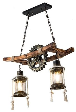 Holz Retro Hängeleuchte Industrie Rustikal Kronleuchter Höhenverstellbar Glas Lampenschirm Pendelleuchte Esstisch Jahrgang Hölzern Pendellampe Wohnzimmer Küche Hängelampe Beleuchtung (2 heads/Ø55CM)