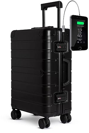 TOKYOTO Aluminium-Kabinenkoffer Silber mit USB Leicht Hartschale Moderner Reisekoffer für Jugendliche und Erwachsene Doppelrollen TSA-Schloss 55x35x20 Trolley Handgepäck 55x40x20 cm Black Logo