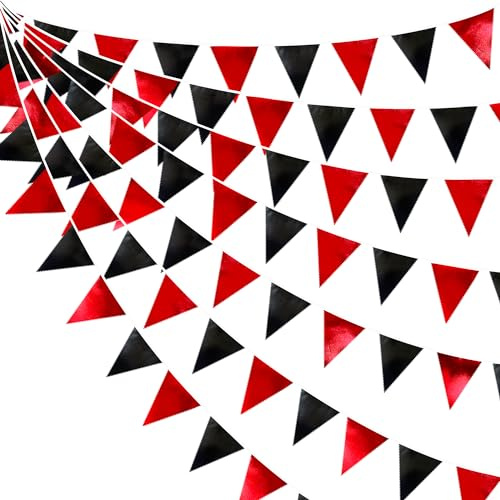 Rot Schwarz Party Dekoration Metallic Stoff Dreieck Wimpel Banner Flagge Wimpelkette Girlande für Abschlussfeier Halloween Geburtstag Hochzeit Bachelorette Jahrestag Las Vegas Casino Poker Piraten