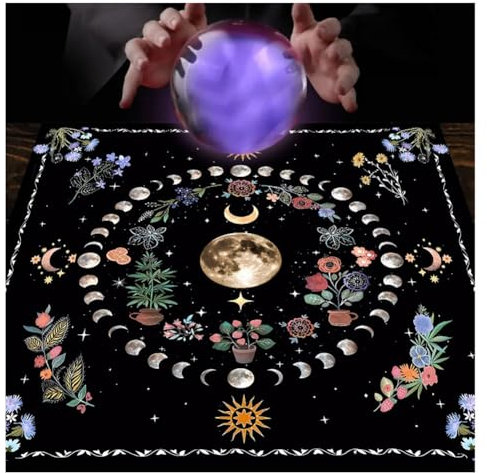 Yurosiay Tarot Tischdecke Mysteriöse Schwarz Astrologie Tischdecke Mond Sonne Blumen Bedruckte Tarot Altar Tuch Vintage Altartuch Tarotkarten Quadratisch Weissagung Tischdecke 49×49cm 5#