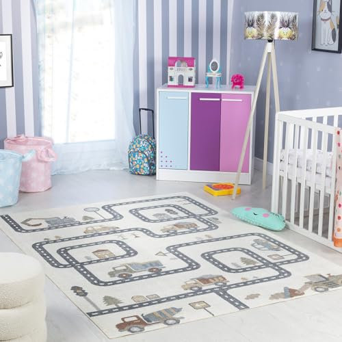 Livabliss Auto-Spielmatte Kinderteppich waschbar - Cartoon Teppich 120x170 cm, Waschbarer Teppich Kinderzimmer oder Babyzimmer, Krabbelteppich, Spielteppich - Baby Teppich für Jungen & Mädchen, Creme