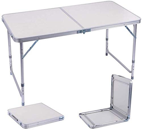Gartentisch Klappbar, Campingtisch Klapptisch mit Tragegriff, Beistelltisch klappbarer Balkontisch Höhenverstellbar Camping Tisch aus Alu und MDF, für Balkon Terrasse Picknick, Weiß,90x60x37/67/cm