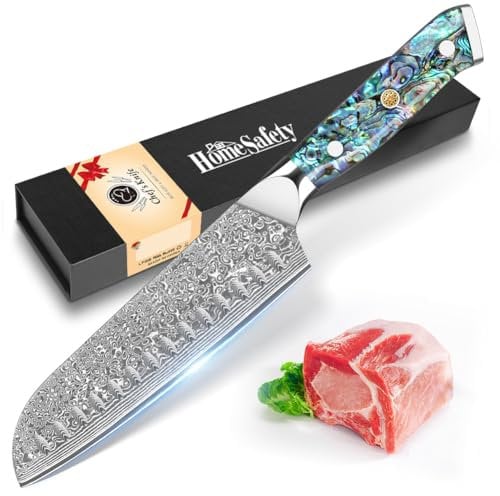Home Safety Damascus Knife, Santoku Knife, 18cm Kitchen Chef's Knifes Made of 67 Layers of VG-10 Damascus Steel, Kitchen Knife with Ergonomic Abalone Shell Handle, Gift Box