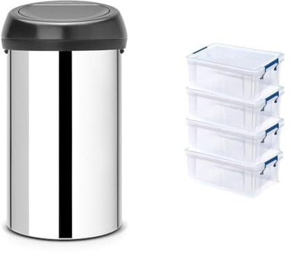 Brabantia 60 Litre Large Kitchen Touch Bin (Brilliant Steel/Matt Black Lid) Removable Lid & BANKERS BOX 4x 10L Plastic Storage Boxes with Lids. ProStore Super Strong Stackable Plastic Storage Boxes