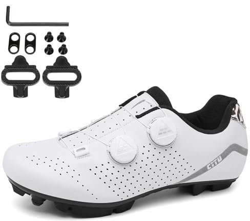 NGARY MTB Schuhe Fahrradschuhe Herren Damen kompatibel mit SPD 2 Schrauben mit Cleats, Mountainbike Schuhe Unisex Radsportschuhe Draussen,Weiß,42 EU