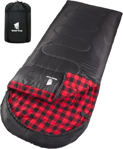 GEERTOP Schlafsack XXL 4 Jahreszeiten Flanell Campingschlafsack Übergröße 220x100cm für Erwachsene Outdoor Rucksackreisen, Wandern (Schwarz mit Rotem Karo)