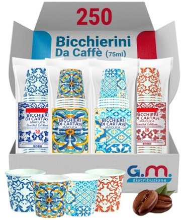 G.M. DISTRIBUZIONE 250 Pezzi Bicchieri da Caffè in Carta con Grafiche Maioliche, 75 ml, Biodegradabili Biocompostabili, Usa e Getta, 4 Colorazioni, Ideale per Casa, Ufficio, Asporto Bevande Calde