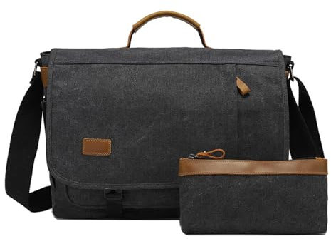 Vmokki Umhängetasche 15,6 Zoll Laptoptasche mit Zubehörtasche Canvas Herrentasche Schultertasche Messenger Bag Herren Vintage (Schwarz)
