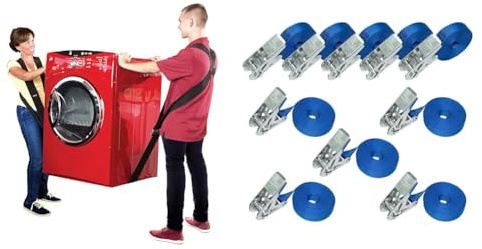 SHOULDER DOLLY 2 Personen Tragegurt, Transportgurt & Amazon Basics – Spanngurte mit Ratschenschloss, 6 m lang, 25 mm breit, Belastbarkeit 800 kg, entspricht DIN EN 12195-2, 10 Stück, Blau