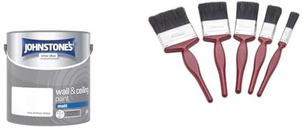 Johnstone's - Wall & Ceiling Paint - Pure Brilliant White - Matt Finish - Emulsion Paint & Fit For The Job 5 pc Mixed Sizes Paint Brush Set for a Smooth Finish with Emulsion, Gloss
