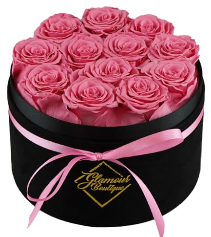 GLAMOUR BOUTIQUE Flowers Forever, confezione regalo con 12 rose vere conservate in scatola nera di velluto, regalo floreale per lei, mamma o moglie per compleanno, festa della mamma, anniversario o