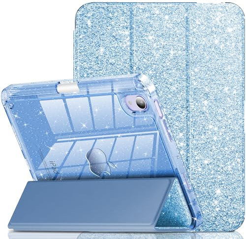 INFILAND Coque pour iPad mini 7 (A17 Pro), iPad mini 6, iPad mini 7e/6e génération 2024/2021 8,3, jolie coque de protection transparente à paillettes avec porte-crayon pour enfants, filles, bleu
