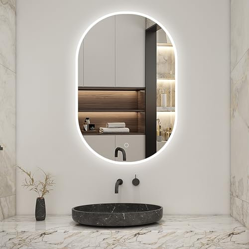 AICA Miroir Salle de Bain Ovale 45 x 80cm, 3 Couleurs + dimmable + Anti-buée + mémoire, Miroir Lumineux LED