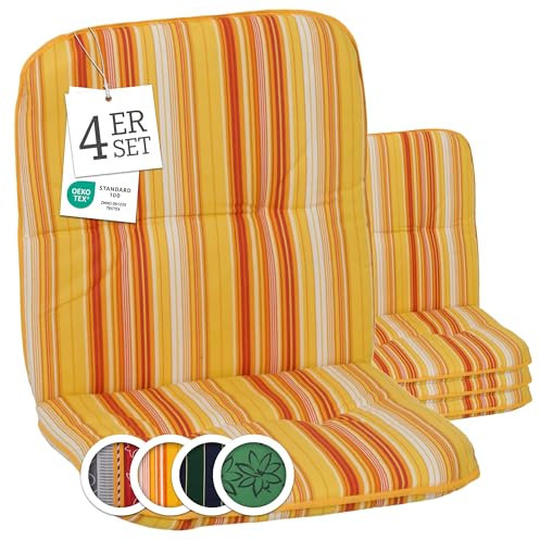 Beo Bali Gartenstuhl-Auflagen Niedriglehner 96x47 cm, 4er Set orange gelb weiß gestreift | Waschbare, UV-beständige Sitz-Kissen | Atmungsaktive Polster-Auflagen nach Öko-Tex Standard | Made in EU